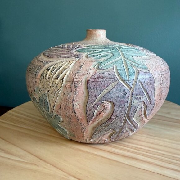 Handcrafted Thai Ceramic Vase With Leaf Relief Design - 7" Tall X 8" Wide - Mult - Picture 5 of 10